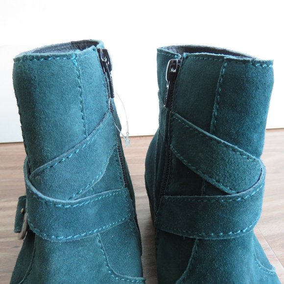 FLY LONDON Perz Suede Leather Ankle Wedge Buckle Boots Dark Petrol Size US 7.5/8 - Picture 6 of 16